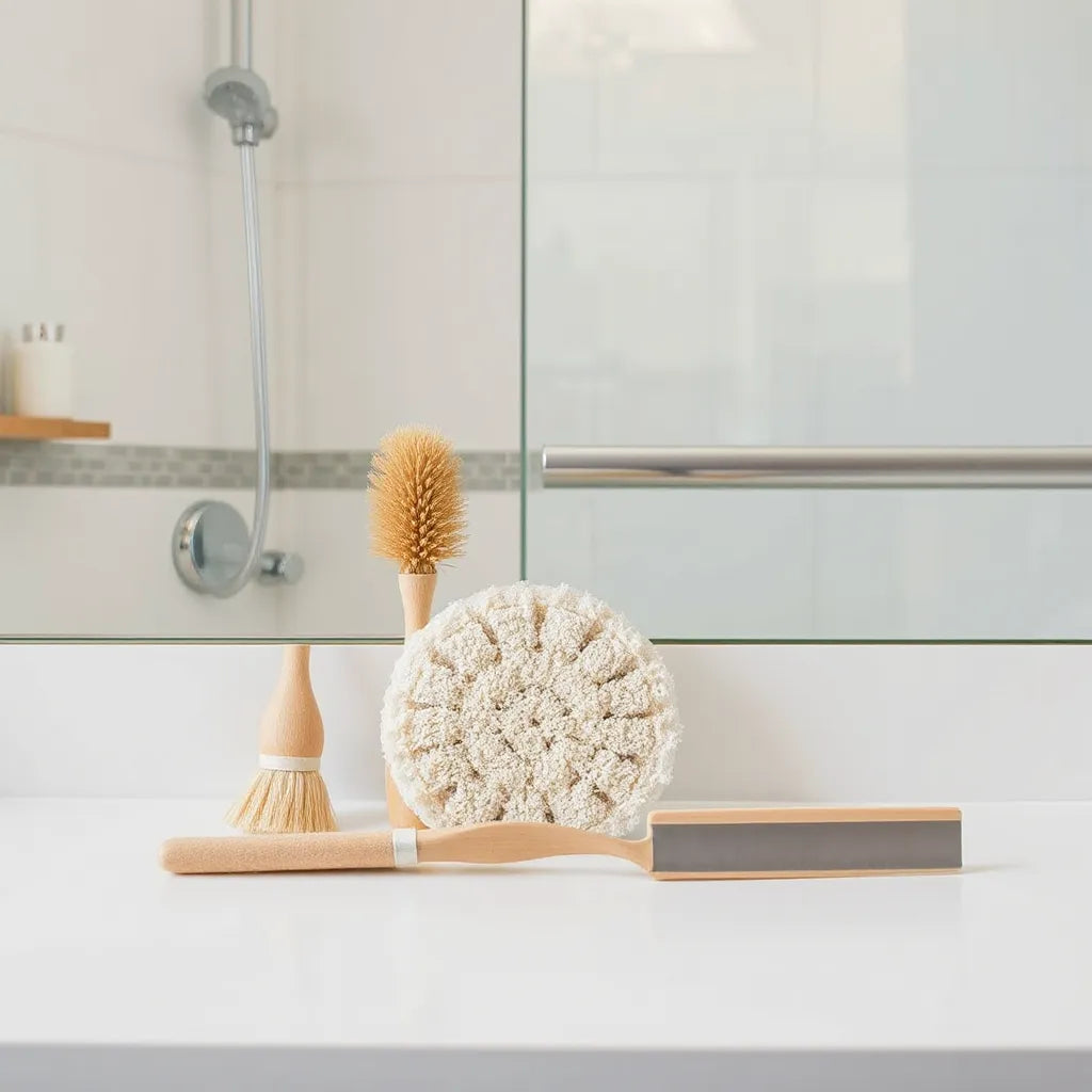 Bathroom cleaning tools neatly arranged near a shower tile and glass surface