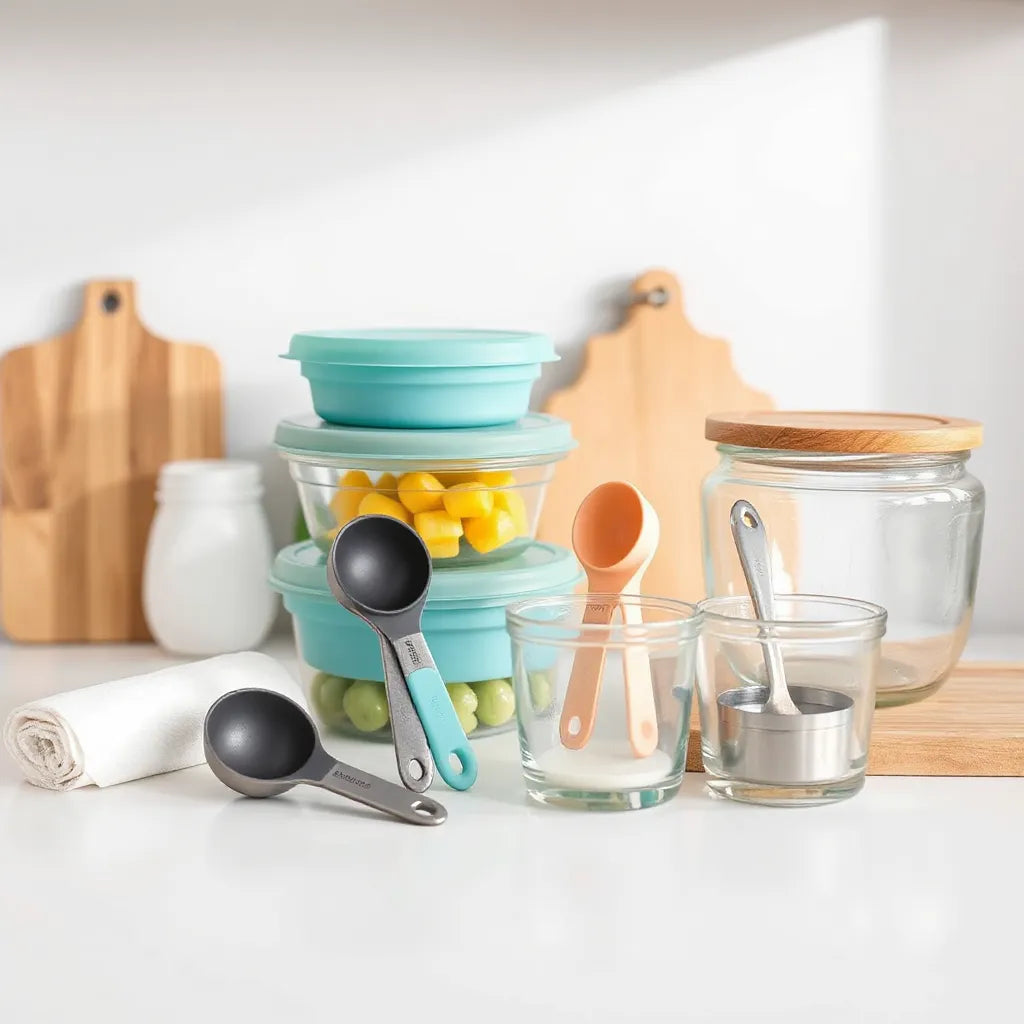 Assorted BPA-free cooking tools and reusable containers on a bright kitchen countertop