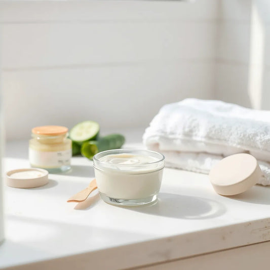 Creamy moisturizing face mask in a bowl with skincare jars and spatula on a clean vanity