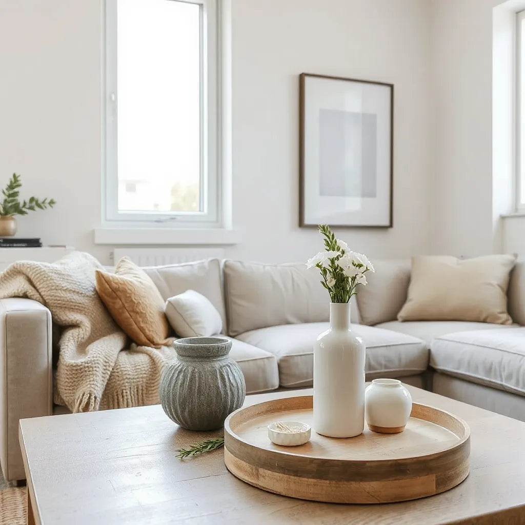 Stylish living room with curated home accessories like a lamp, vase, throw blanket, and decorative tray