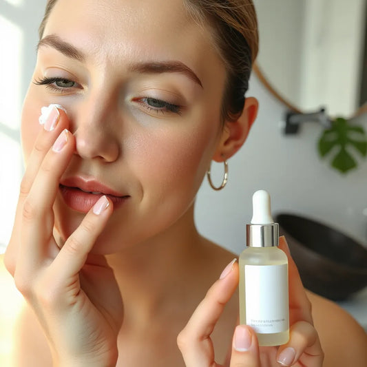 Person applying a gentle moisturizer to calm irritated facial skin with a clean skincare setup nearby