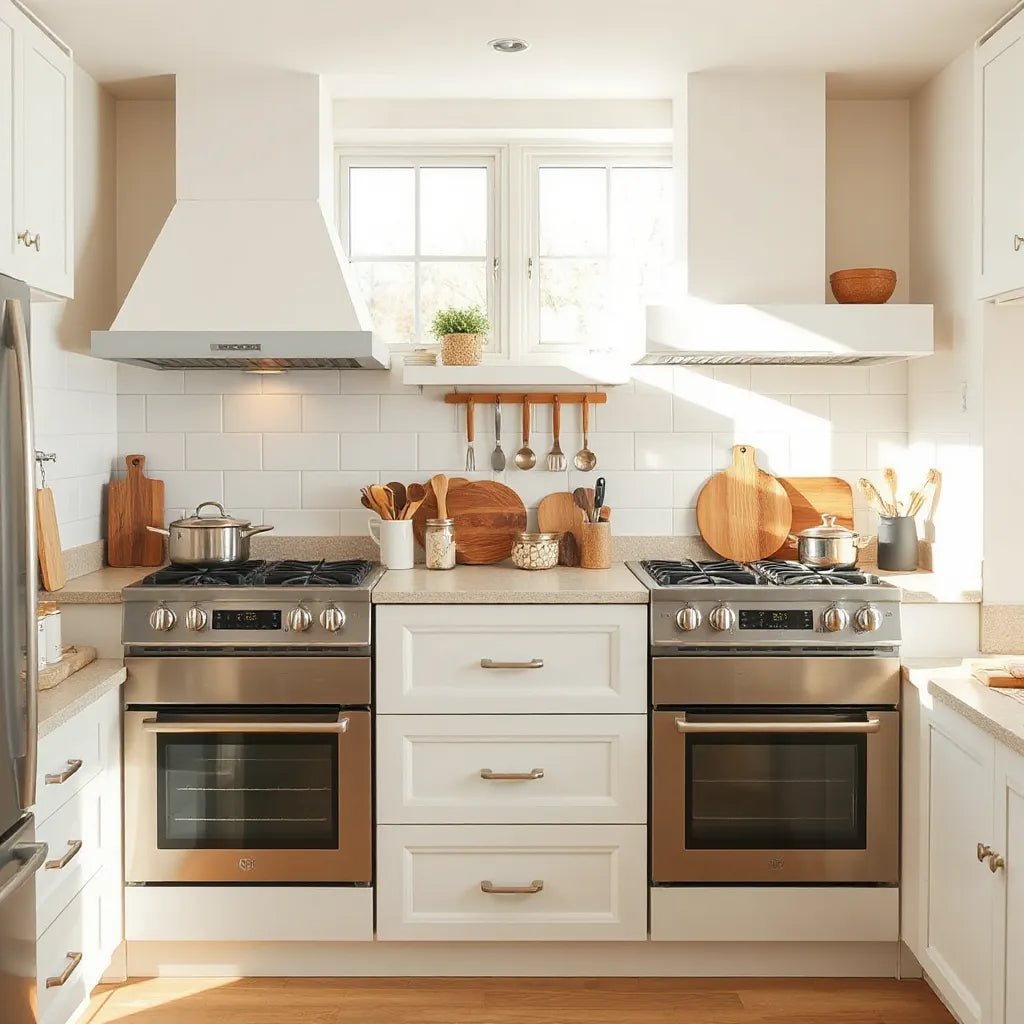 Bright kitchen layout showing two cooking zones with ample counter space and neatly arranged cookware