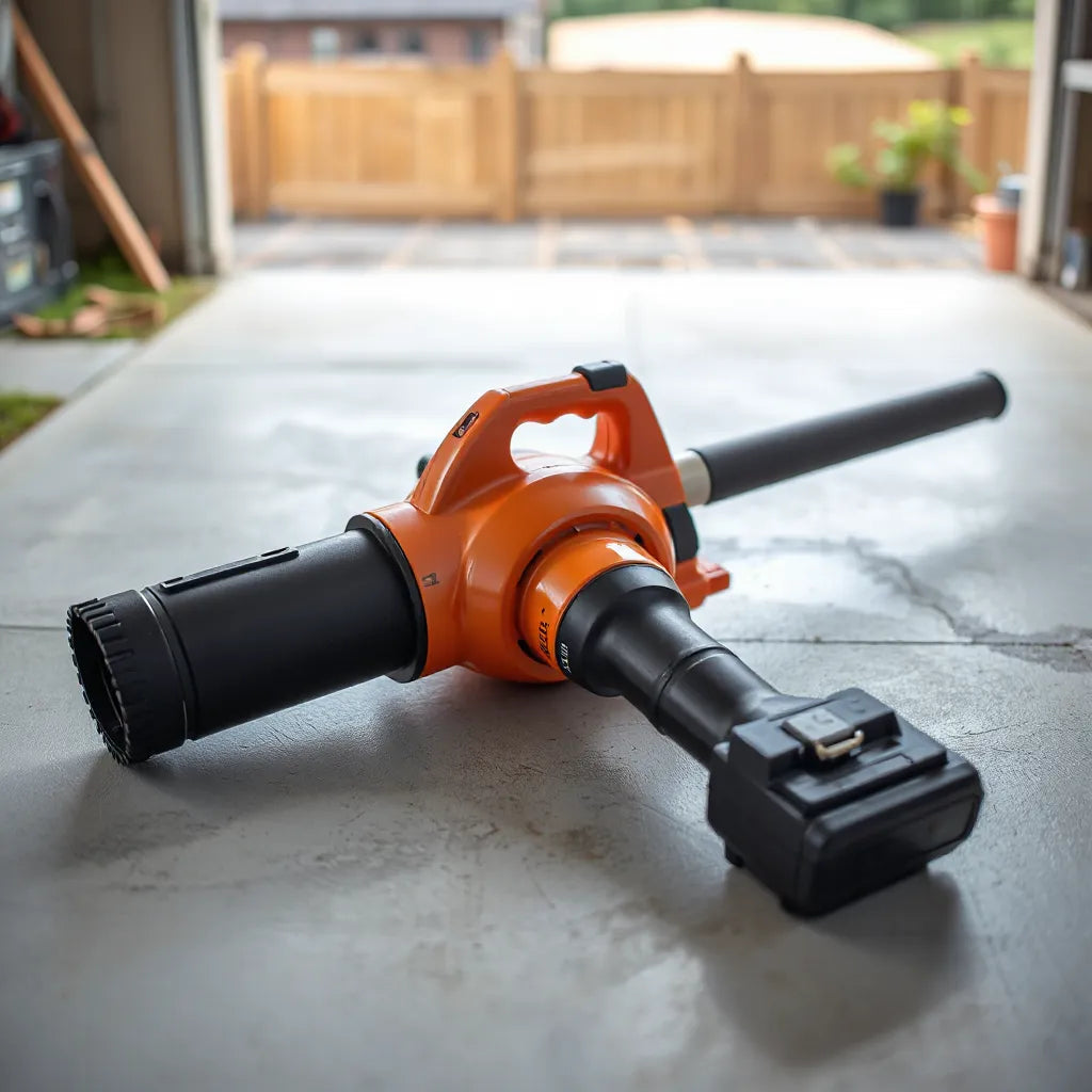 Cordless blower gun on a workbench with an attached battery pack in a clean workshop setting