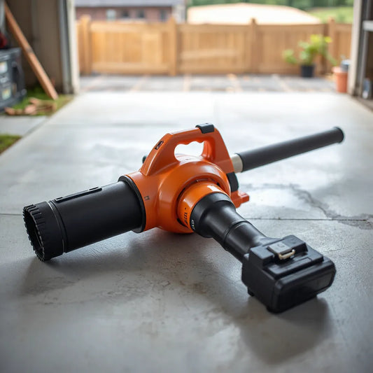 Cordless blower gun on a workbench with an attached battery pack in a clean workshop setting