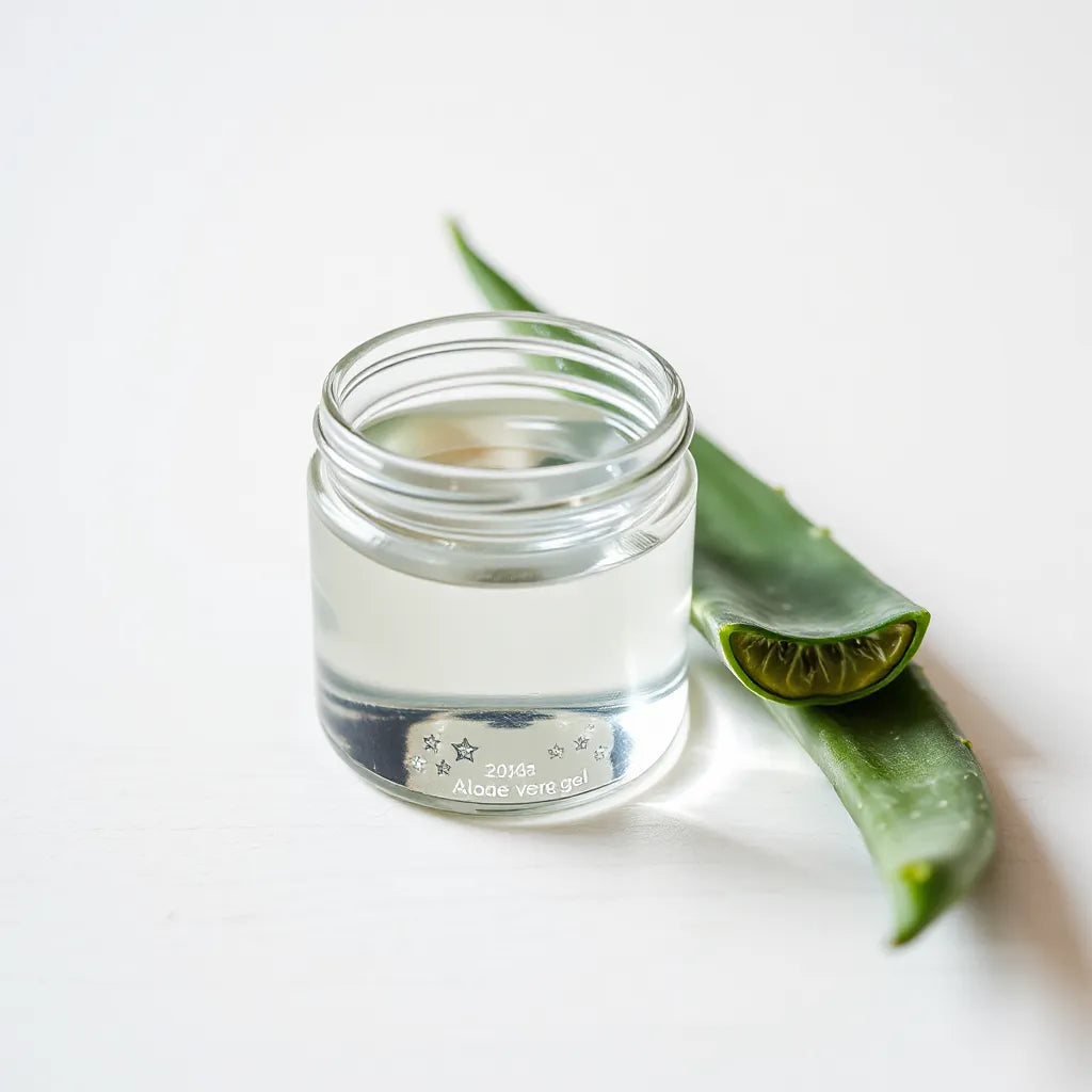 Aloe vera gel in a glass jar next to a fresh aloe leaf on a clean light background