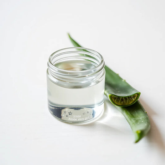 Aloe vera gel in a glass jar next to a fresh aloe leaf on a clean light background
