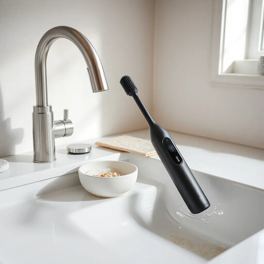 Rechargeable cleaning brush on a kitchen countertop beside a ceramic dish and scrub pad