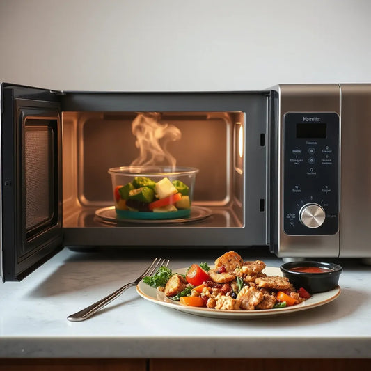 Colorful microwave-ready dinner on a plate beside a glass container in the microwave
