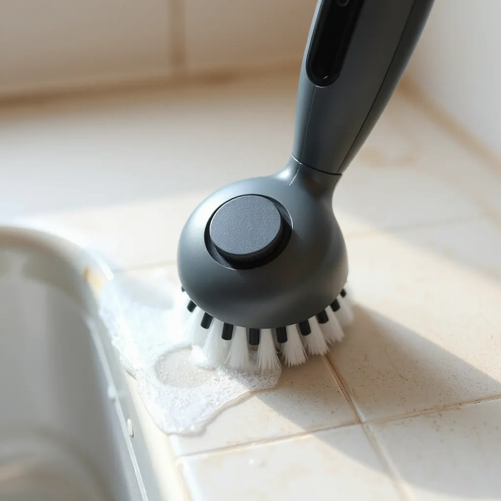Electric spin scrubber with rotating brush cleaning tile grout with suds and water droplets