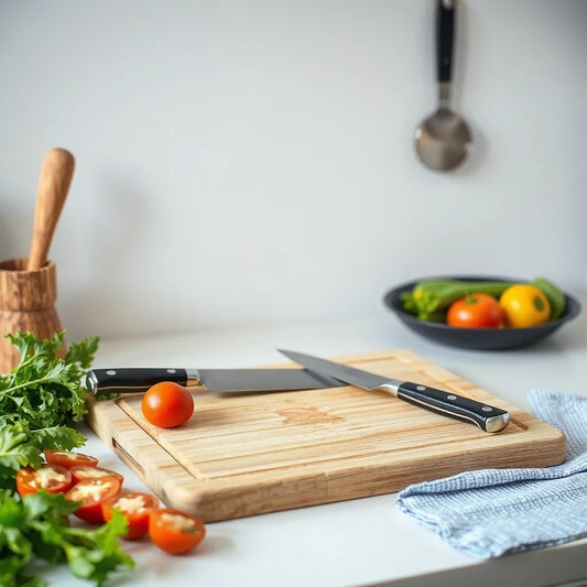 Chef’s knife making clean slices on a cutting board with fresh vegetables and a microfiber cloth nearby