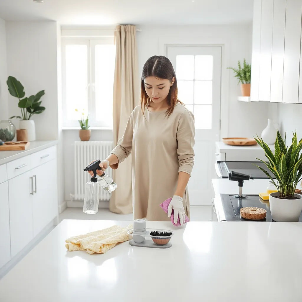 Person cleaning kitchen countertop with microfiber cloth and spray for a spotless, fresh home.