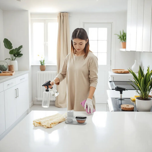 Person cleaning kitchen countertop with microfiber cloth and spray for a spotless, fresh home.