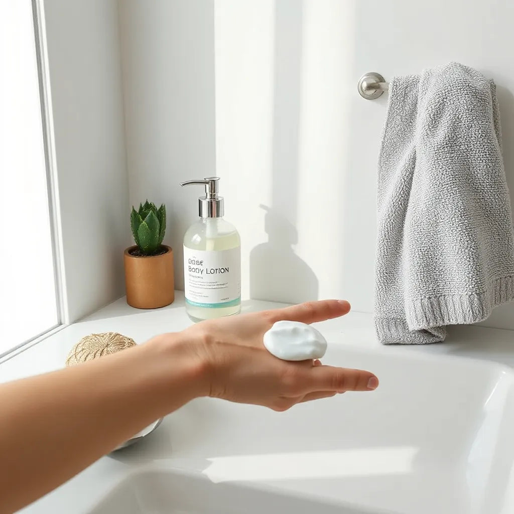 Hand applying a hydrating body lotion on smooth skin next to a pump bottle and towel on a clean vanity