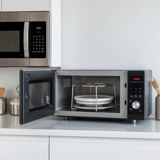 Microwave plate stacker set beside a microwave with stacked plates for efficient reheating