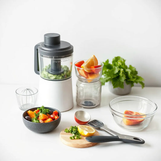 Compact kitchen tools beside fresh vegetables on a clean countertop for quick meal prep