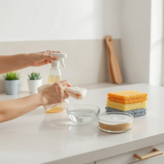 Hands wiping a spotless countertop with a microfiber cloth and cleaning supplies nearby