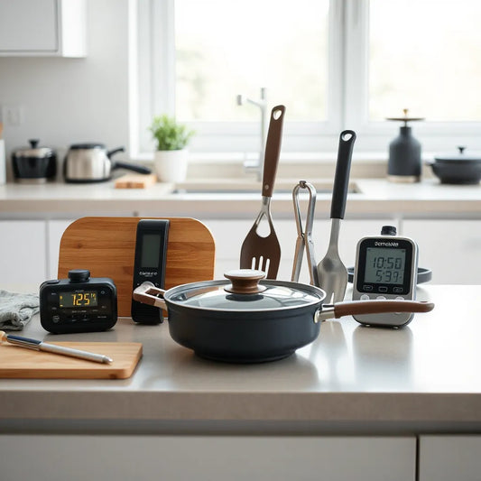 Modern kitchen counter with a chef knife, smart thermometer, utensils, and cookware arranged neatly.