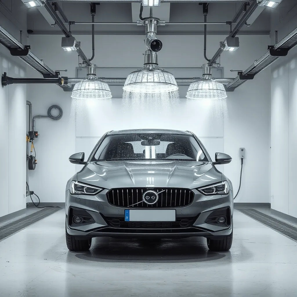 Overhead touchless drying system removing water beads from a car surface in a clean wash bay