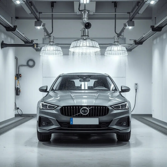 Overhead touchless drying system removing water beads from a car surface in a clean wash bay