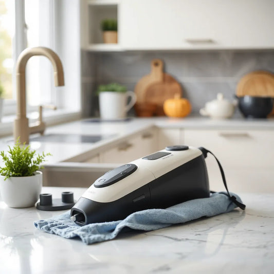 Compact portable cleaning tool with microfiber cloth and small attachments on a clean countertop