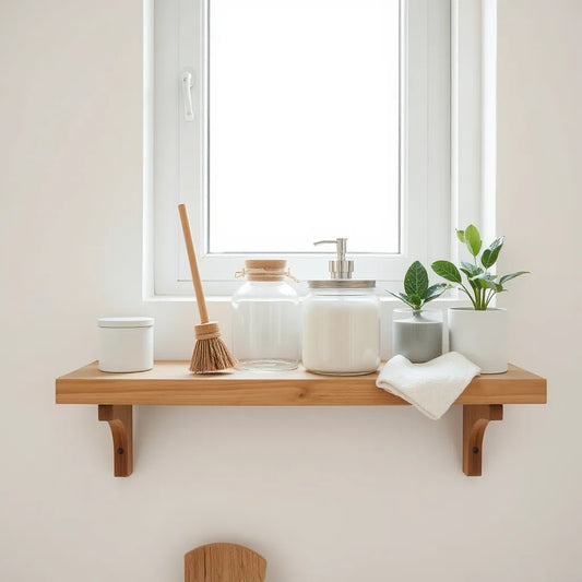 Eco-friendly home essentials on a wooden shelf, including refillable soap and reusable cleaning cloths