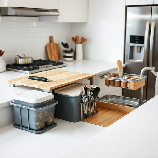 Clean countertop with organized prep tools, stackable containers, and a drying rack for faster kitchen workflow.