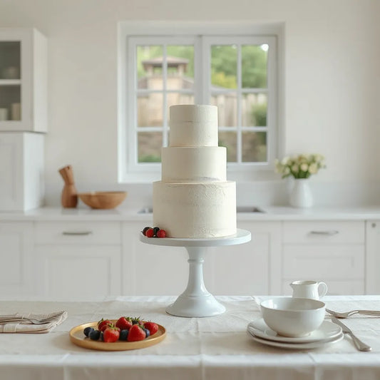 Three-tier cake on a modern pedestal with fresh berries and soft neutral florals in a clean, styled setting