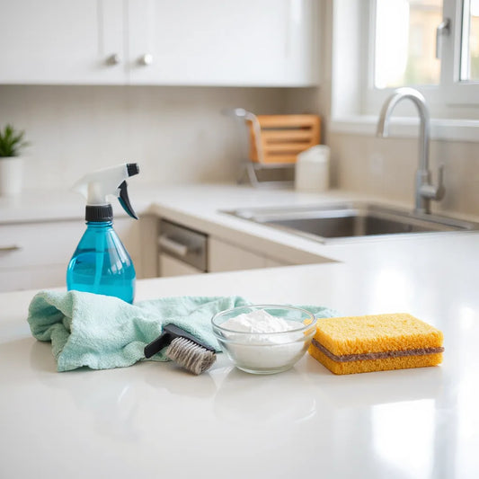 Spray bottle, microfiber cloth, and scrub tools arranged on a clean kitchen counter near the sink