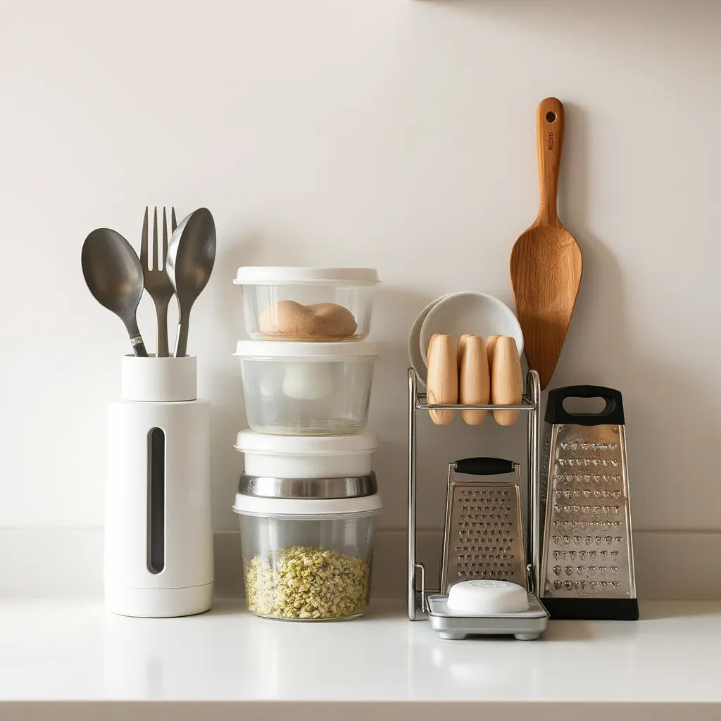 Compact kitchen tools neatly arranged on a small countertop with stackable containers and a foldable rack