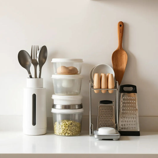 Compact kitchen tools neatly arranged on a small countertop with stackable containers and a foldable rack