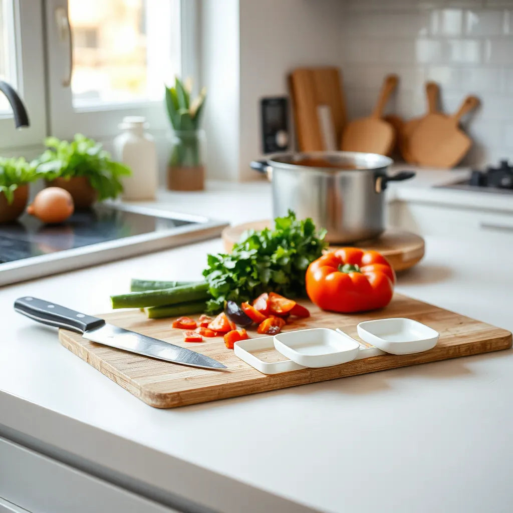 Prepped ingredients on a clean countertop with knife, cutting board, and cookware ready for quick meals