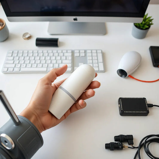 Hand holding an air duster replacement with interchangeable nozzles next to electronics and a computer keyboard