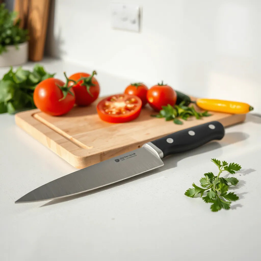 Rechargeable cordless knife with cutting board and fresh vegetables on a clean kitchen counter
