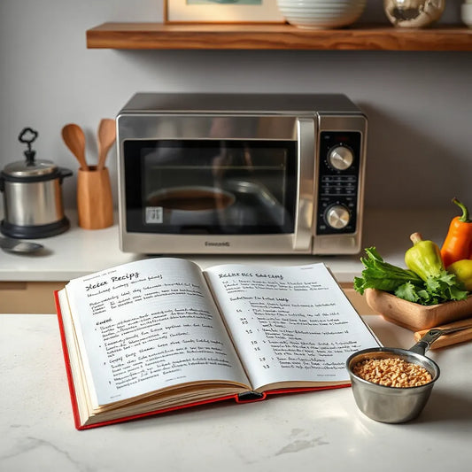 Open microwave recipe book beside a countertop microwave and prep ingredients