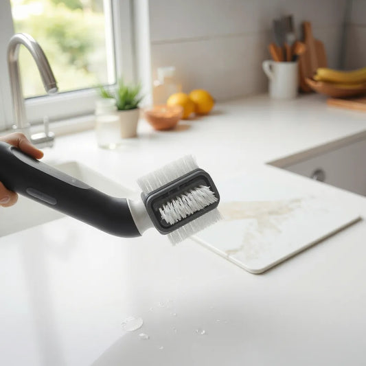 Cordless electric cleaning brush with rotating bristles cleaning a ceramic tile area on a countertop