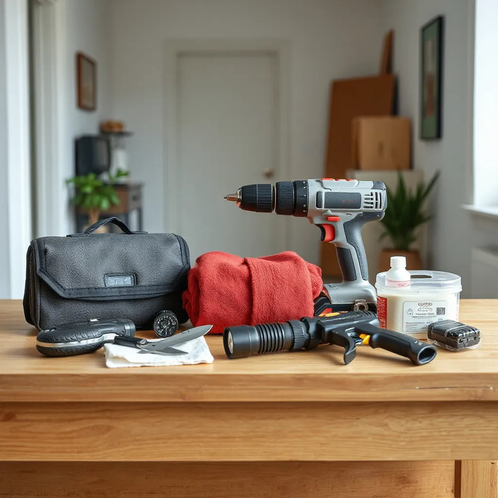 Toolkit and home repair items neatly arranged on a clean workbench for everyday maintenance