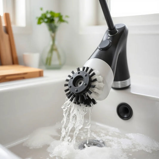 Electric spin scrubber with rotating brush cleaning a soapy sink surface in a bright kitchen