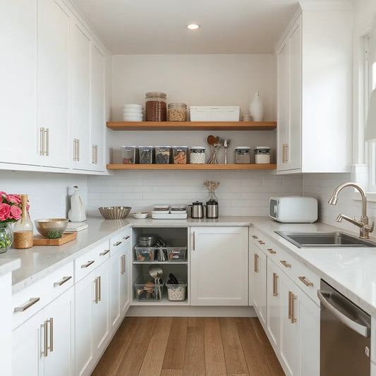 Neatly organized kitchen with drawer dividers, pantry containers, and utensil organizers