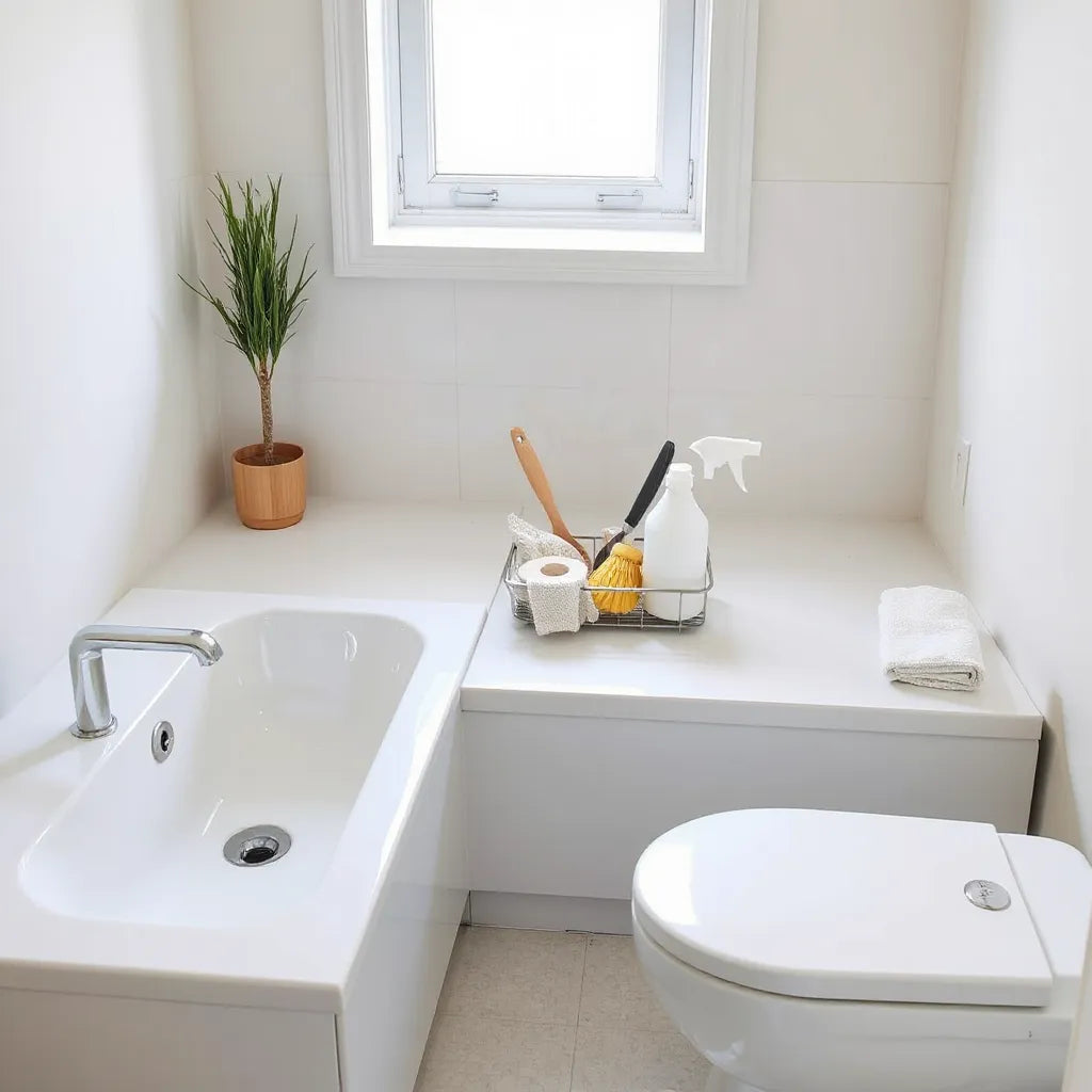 Clean bathroom surfaces with a tub, sink, toilet, and neatly arranged cleaning tools on a countertop