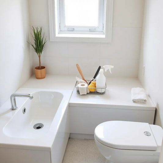 Clean bathroom surfaces with a tub, sink, toilet, and neatly arranged cleaning tools on a countertop