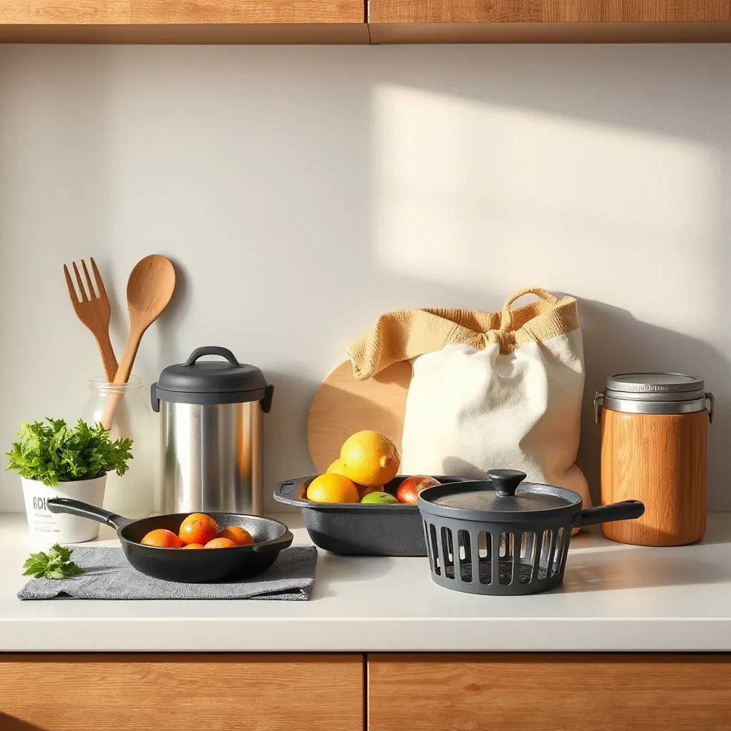 Reusable food storage and bamboo utensils arranged on a clean kitchen counter