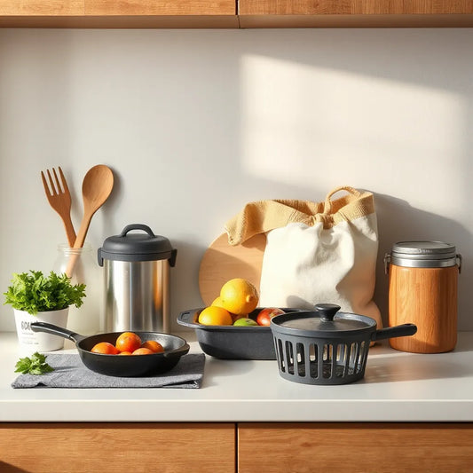 Reusable food storage and bamboo utensils arranged on a clean kitchen counter
