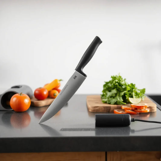 Cordless electric knife on a clean countertop next to a cutting board with fresh sliced vegetables