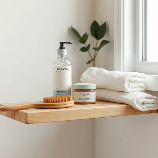 Plant-based vegan hair products and tools arranged on a bathroom shelf in soft natural light