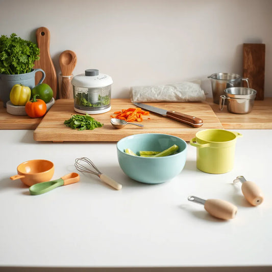 Assorted food prep tools on a clean kitchen countertop for quicker chopping and mixing