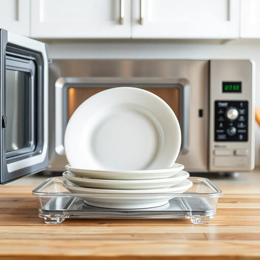Microwave plate stacker holding two neatly stacked plates next to a microwave