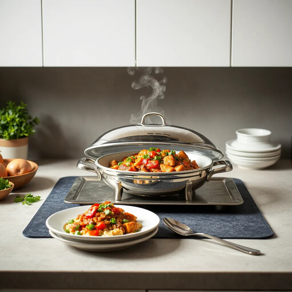 Food warming mat under a covered serving tray keeping plated food warm