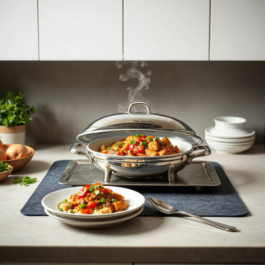 Food warming mat under a covered serving tray keeping plated food warm