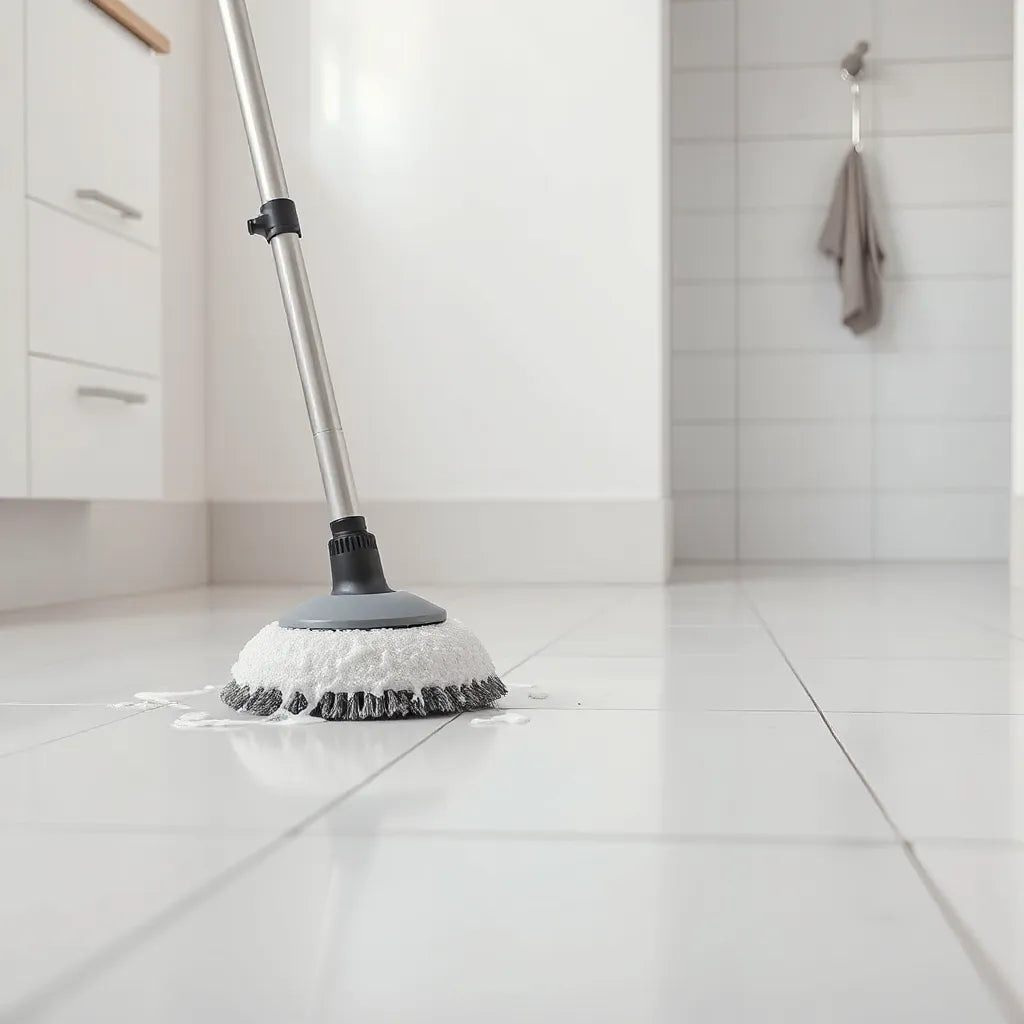 Electric spin scrubber cleaning tile grout on a bathroom floor with spinning brush head