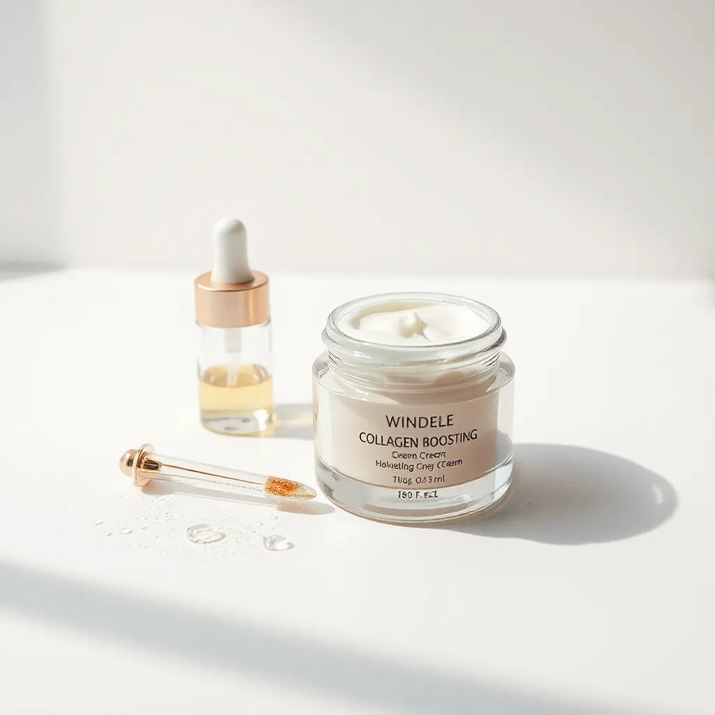 Collagen-boosting cream jar with spatula and skincare bottles on a clean, bright background